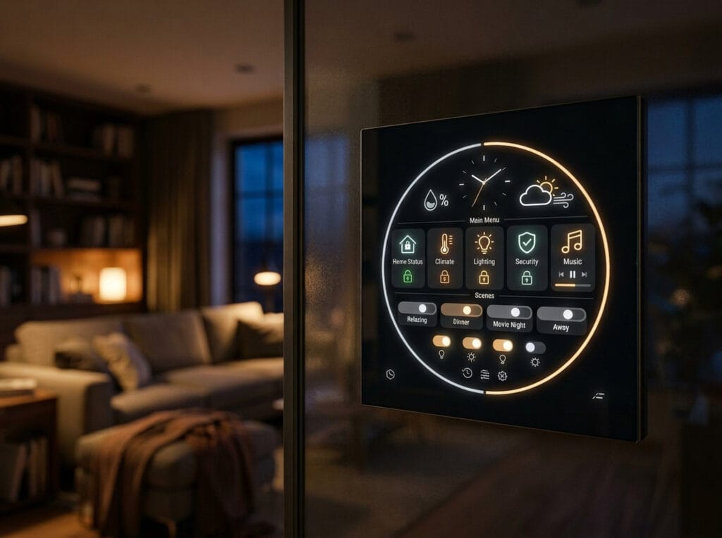 Painel de automacao residencial moderno e discreto em parede de vidro para casa inteligente invisivel.