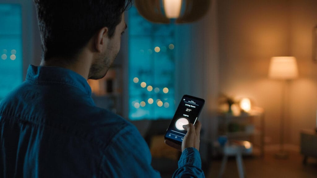 Homem a controlar a iluminação e temperatura da casa através do smartphone numa sala de estar moderna.