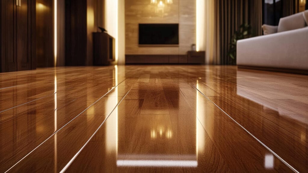 Pavimento em madeira nobre envernizada de alto brilho com reflexos de iluminação LED em sala de estar moderna.