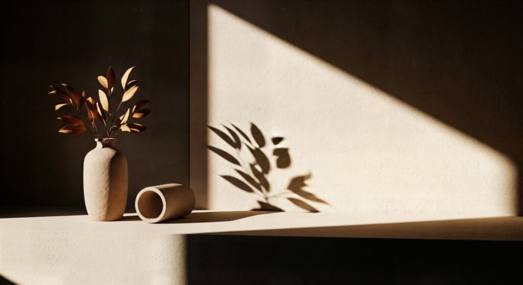 Composição em estilo Warm Minimalism com vaso de cerâmica artesanal, folhagem seca e jogo de luz e sombra na parede neutra.